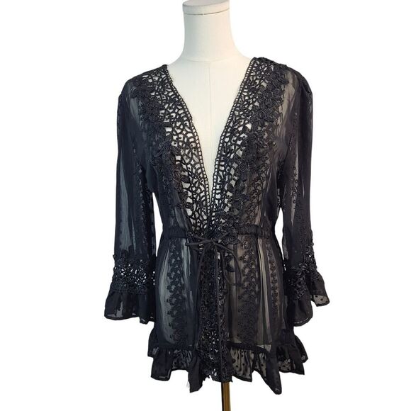 NEW POL Small Black Sheer Lace Lingerie Cover-Up / Robe / Wrap Tassel Embroidery - Picture 4 of 16